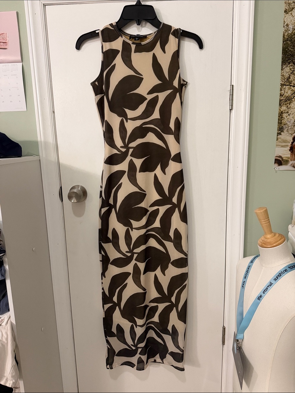 See You Monday Beige Maxi Dress with Brown Leaf Print